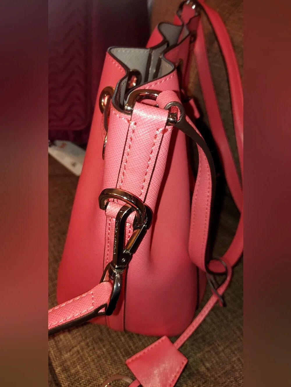 Michael Kors Coral Saffiano Drawstring Shoulder Bag with Gold Hardware